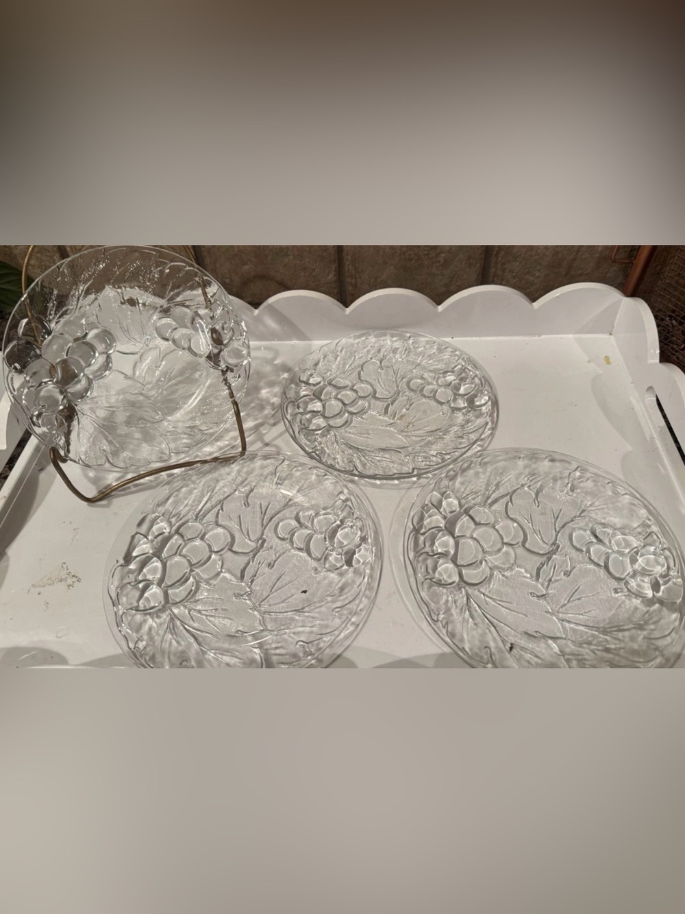 4 Vintage Clear Glass Embossed Dinner Plates Grapes KIG Indonesia 10.25" Retro